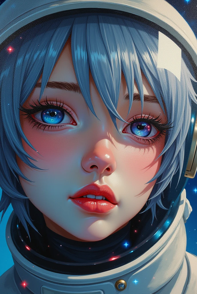 (Close-up of a better masterpiece:1.5)0.9], (Space and astronauts:1.2) (Messy silver hair:1.1) (Heterochromia xanthochromia and blue eyes:1.2) (Space Helmet:1.0) (Colored stars in the eyes:1.0) (A radiant glow:1.1) (thick lips:0.9)