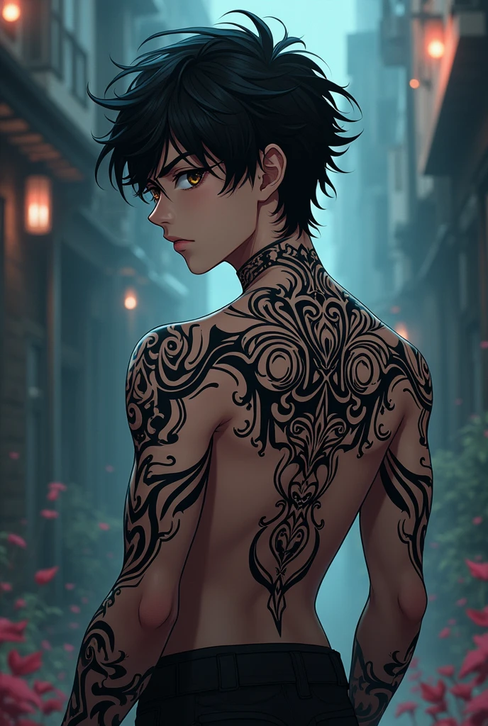 Anime boy with black symmetrical tattoos on the back, like Sukuna