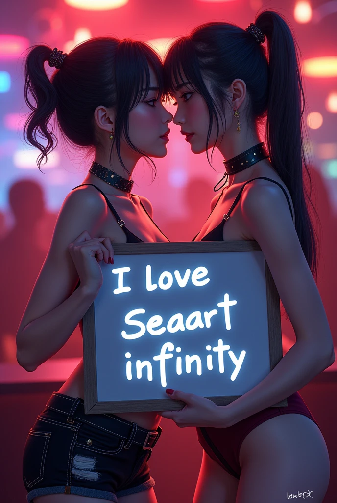 ((best quality)), ((masterpiece)), (detailed), 2girls, y, Japanese, teesfw, smile, night club, sex, haob, ha white board with text "I Love Seaart Infinity" and showing it to the viewer