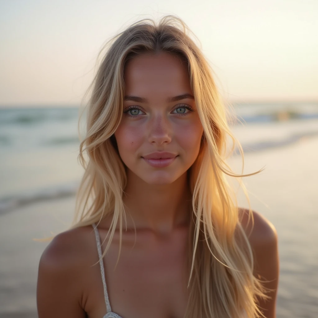 A beautiful girl，Young Girl，18-year-old girl，blonde，European and American，Facing the camera，Half-length photo，Background is the beach，noon