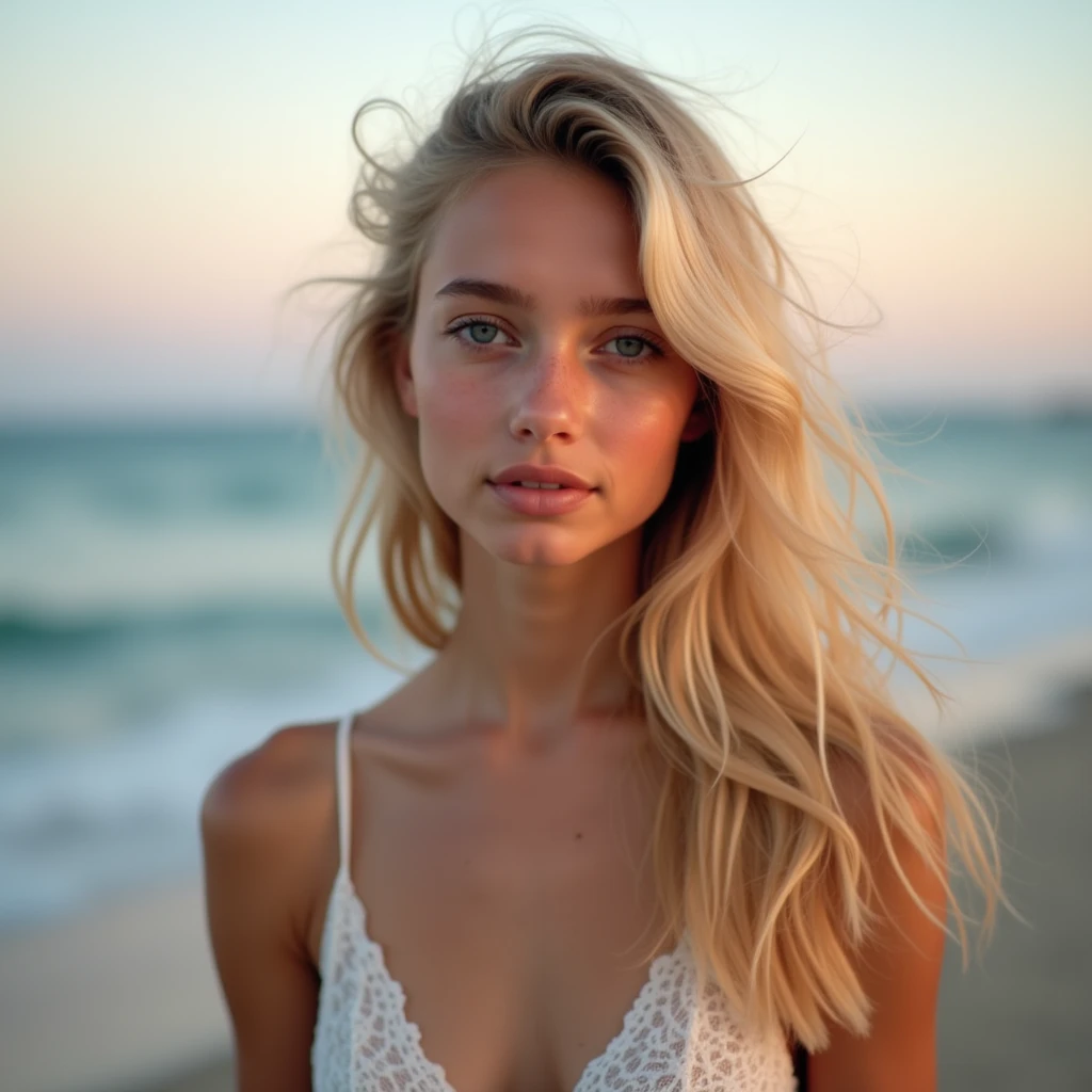 A beautiful girl，Young Girl，18-year-old girl，blonde，European and American，Facing the camera，Half-length photo，Background is the beach，noon