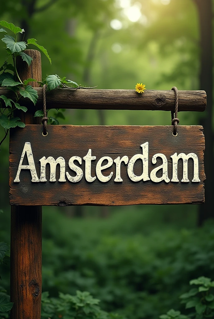 a vintage wooden banner, rustic beam, amsterdam text in distressed white font, forest green background, lush green foliage, (best quality,4k,8k,highres,masterpiece:1.2),ultra-detailed,(realistic,photorealistic,photo-realistic:1.37),detailed texture,intricate details,warm lighting,natural lighting,environmental portrait,landscape,painterly,muted colors