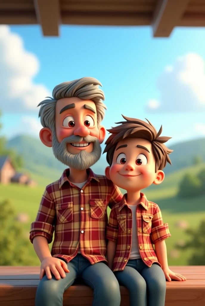 3D cartoon image of a country father and son sitting in a plaid shirt