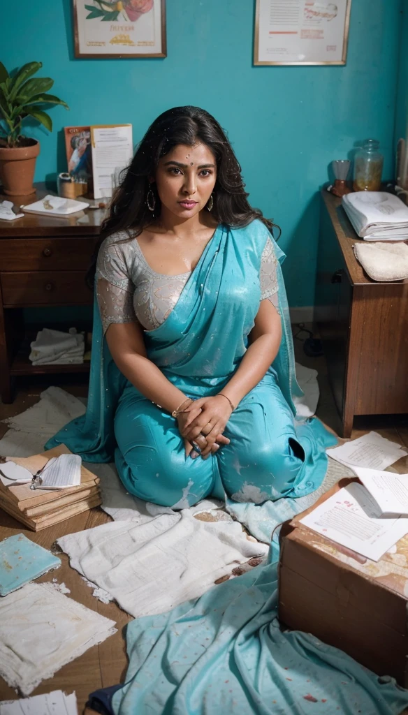 Day scene, full body photo of a plus sized 45 year old indian with a man from top view, (Masterpiece, Best Quality, High Resolution), office Background, (cum Splash on her breasts and nipples, cum Splash on her face, Splash of cum, cum Splash on her blouse, cum Splash on her eys), Sweet 25 year old South indian women sitting on her knees in a crowded party hall with a man, hour glass body red lips, silver colour silky gown, lightly makeup,ultra realistic, realistic, look at viewer (cinematic:1.3), intricate details,