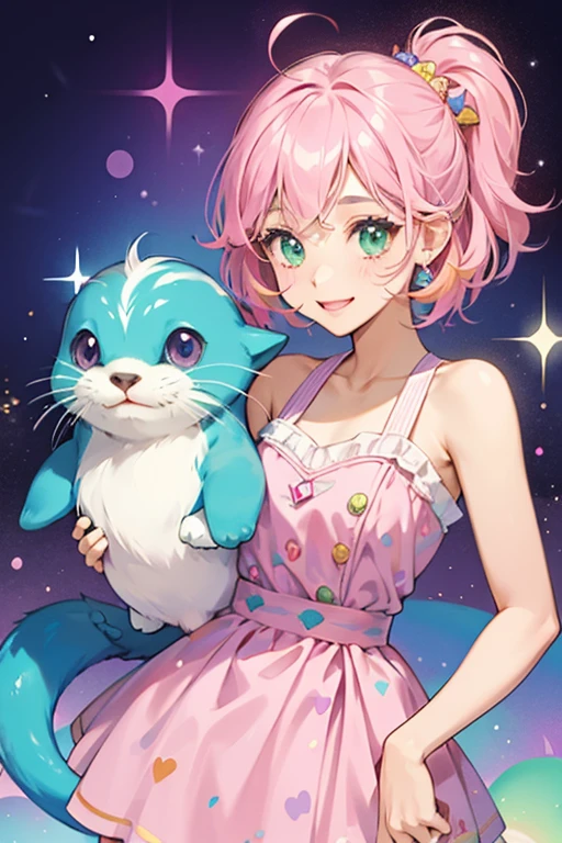 Scoots is a multicolor girl otter with the colors pink, blue, and green, a pink tail with purple spots, a white , and pink . SPARKLE; GLITTER