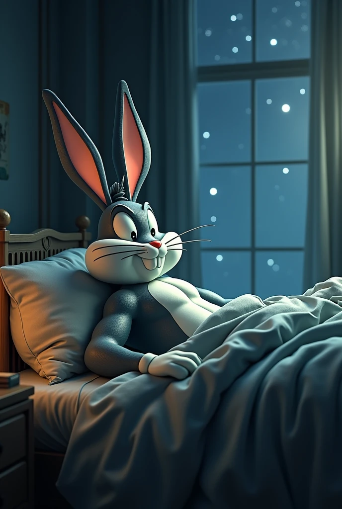 Super Bugs bunny lying in bed at night