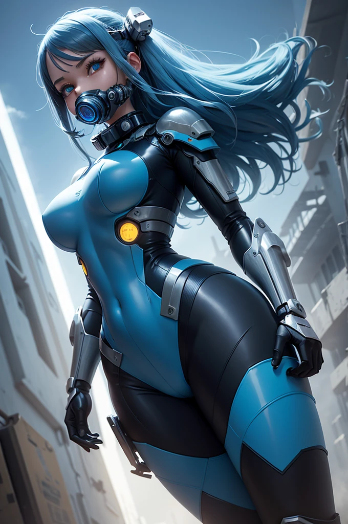 View from below angle from below girl mecha half cyborg, modifications, She has a curvy figure but a narrow waist., she has long blue hair, with blue eyes, with a gas mask on his face, cybernetic suit blue, costume parts with blue lights and LEDs, a multitude of glowing blue lines and lights, hands prosthetics, gorgeous body, short sports shorts that highlight her big wide hips, but it is covered by a mechanical suit, flat horizon photo, anime style pictures, на backgroundе изображения синее небо, clouds and lights and glare in large quantities, and also blue fog and smoke , background: blue sky with clouds