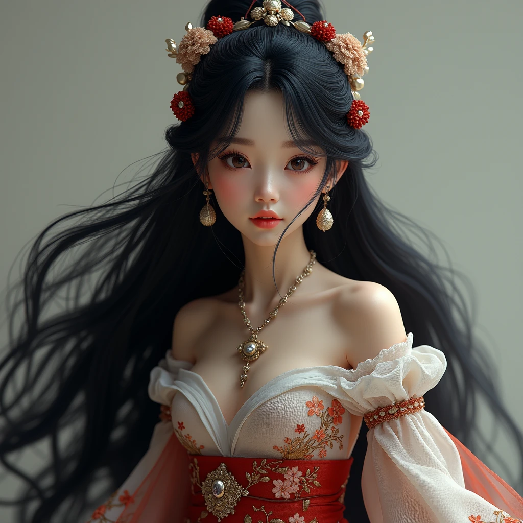 1 Girl,Long hair,Black hair, masterpiece, best quality, 8K, Delicate skin texture, Detailed fabric texture, Delicate face, Intricate details, Extremely detailed, Dark Princess Wind, Upper Body