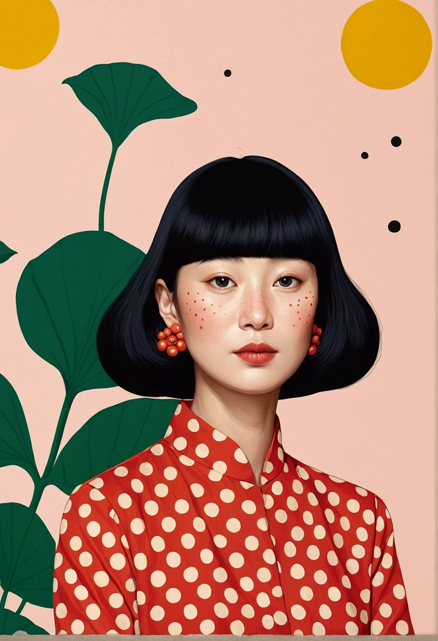 Vector,flat,A painting,由Dot构成的荷叶荷花。Yayoi Kusama Artworks,Polka dot art,Oriental Aesthetics,Dot,Elegant and soft colors,Simple lotus leaf