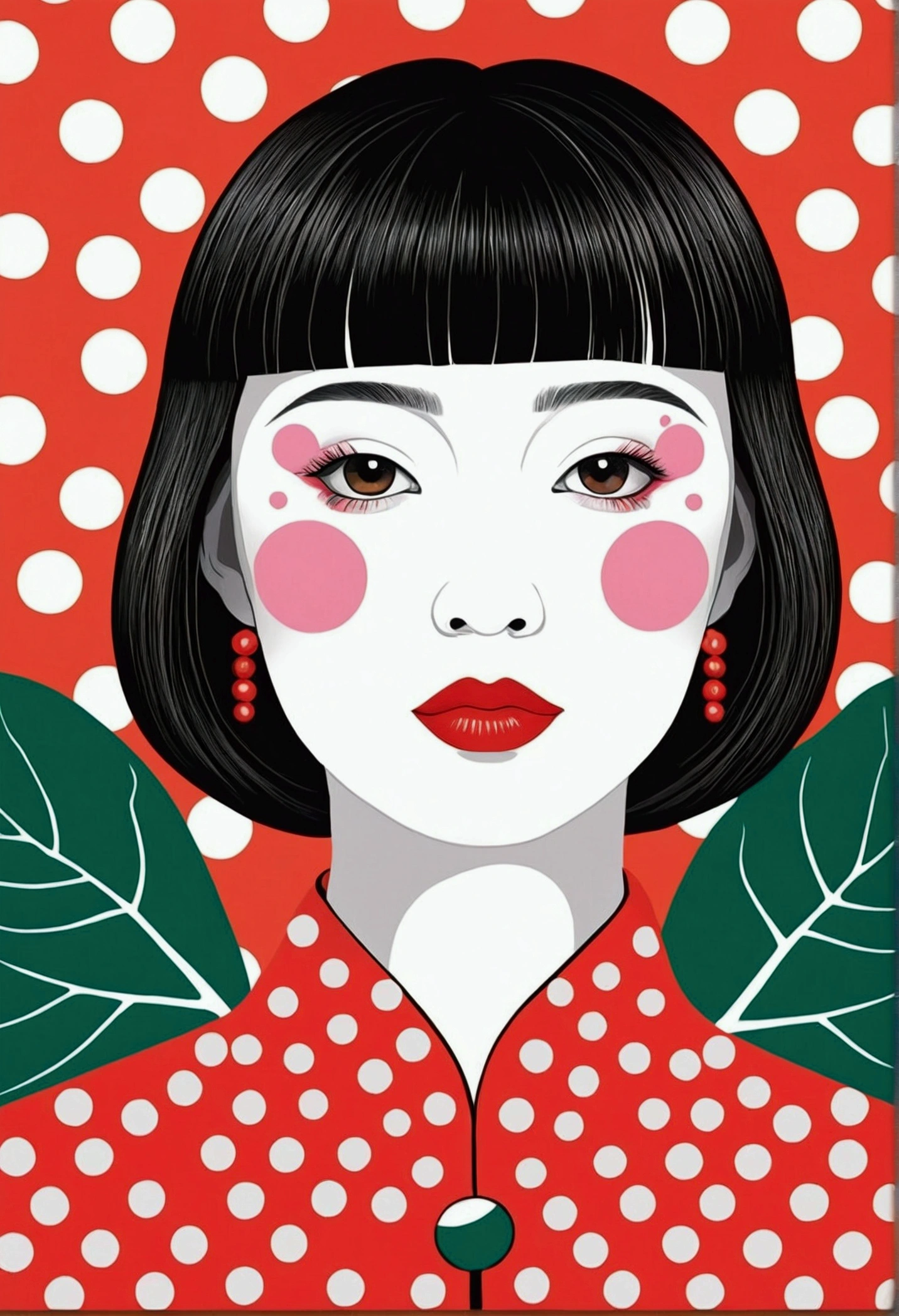 Vector,flat,A painting,由Dot构成的荷叶荷花。Yayoi Kusama Artworks,Polka dot art,Oriental Aesthetics,Dot,Elegant and soft colors,Simple lotus leaf