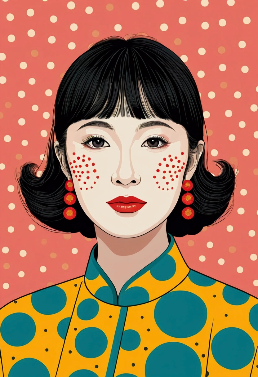 Vector,flat,A painting,由Dot构成的荷叶荷花。Yayoi Kusama Artworks,Polka dot art,Oriental Aesthetics,Dot,Elegant and soft colors,Simple lotus leaf