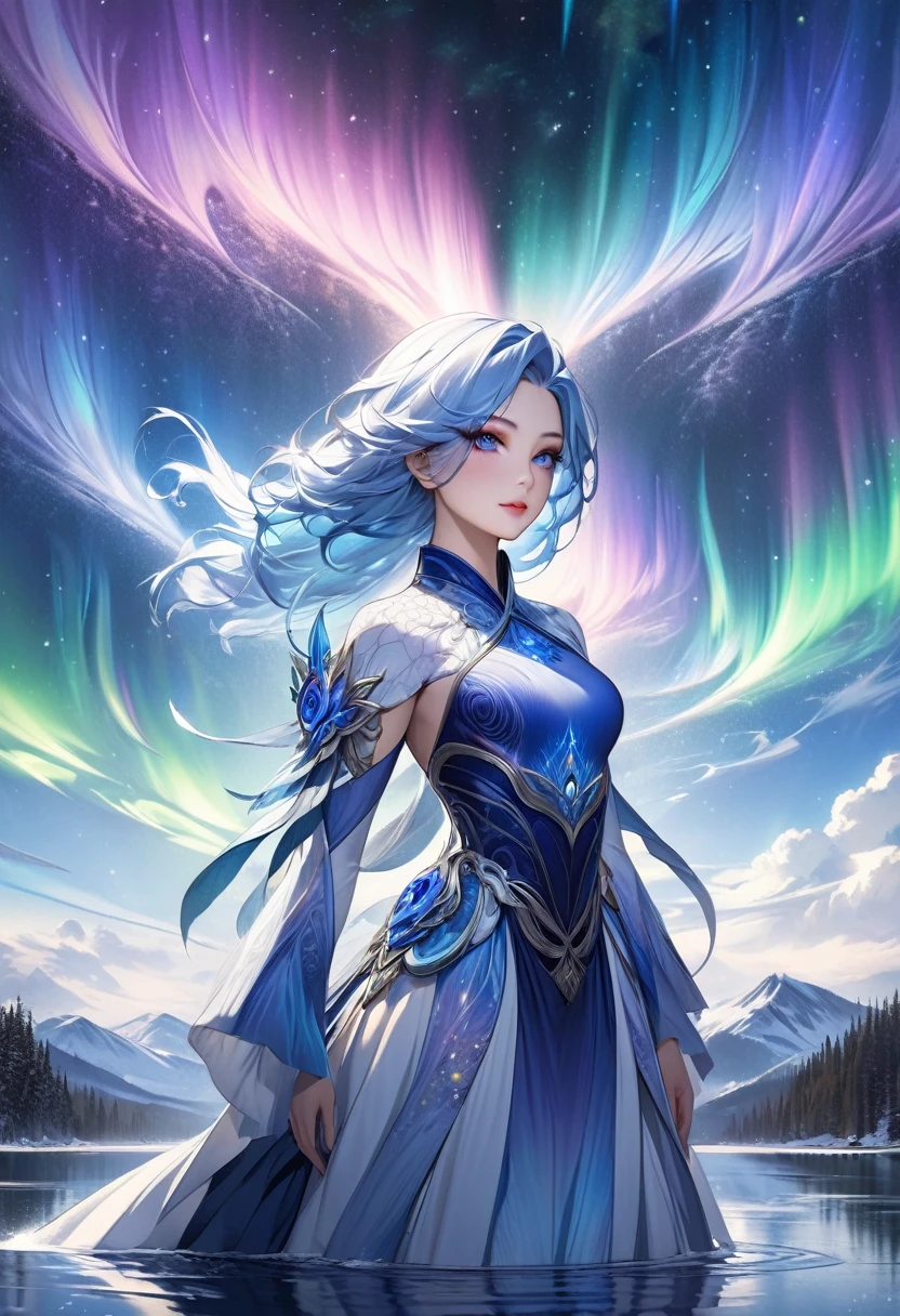 Masterpiece, high resolution, fractal art, a close-up of a beautiful girl with long, indigo-colored mixed white and blue hair standing on a lake with aurora, 1 person, fantasy art, fantastic background, Korean-style eye makeup, mature, shining dress