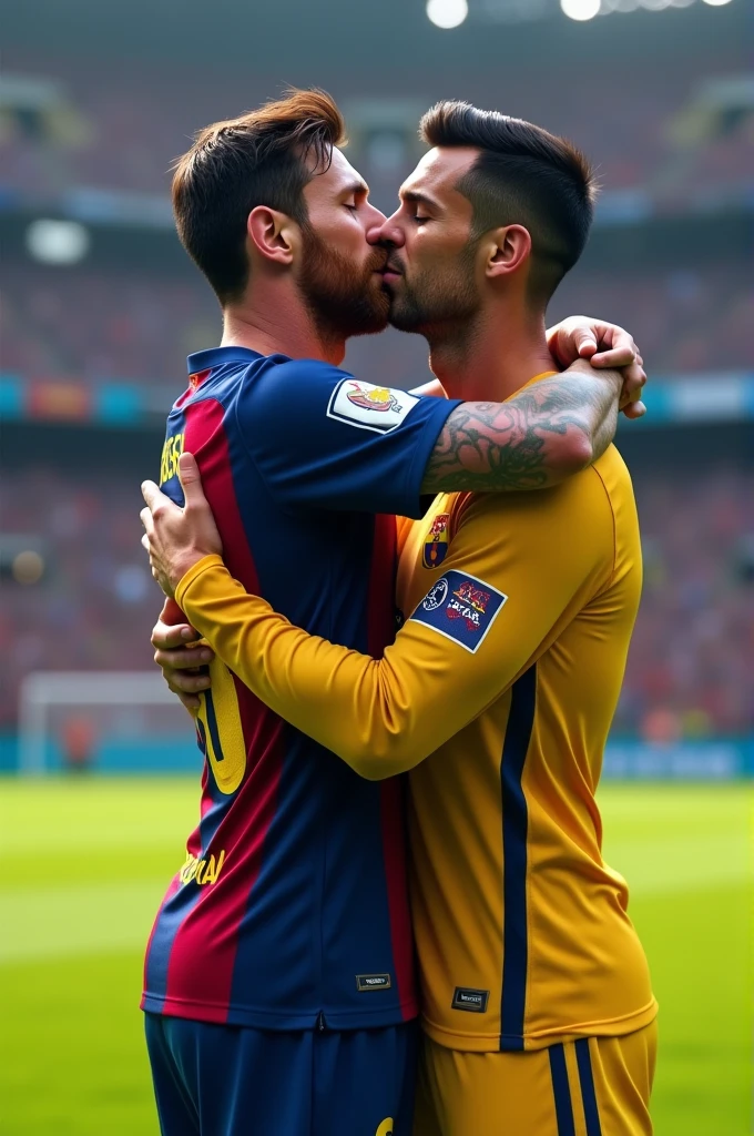 Messi kissing Cristiano Ronaldo