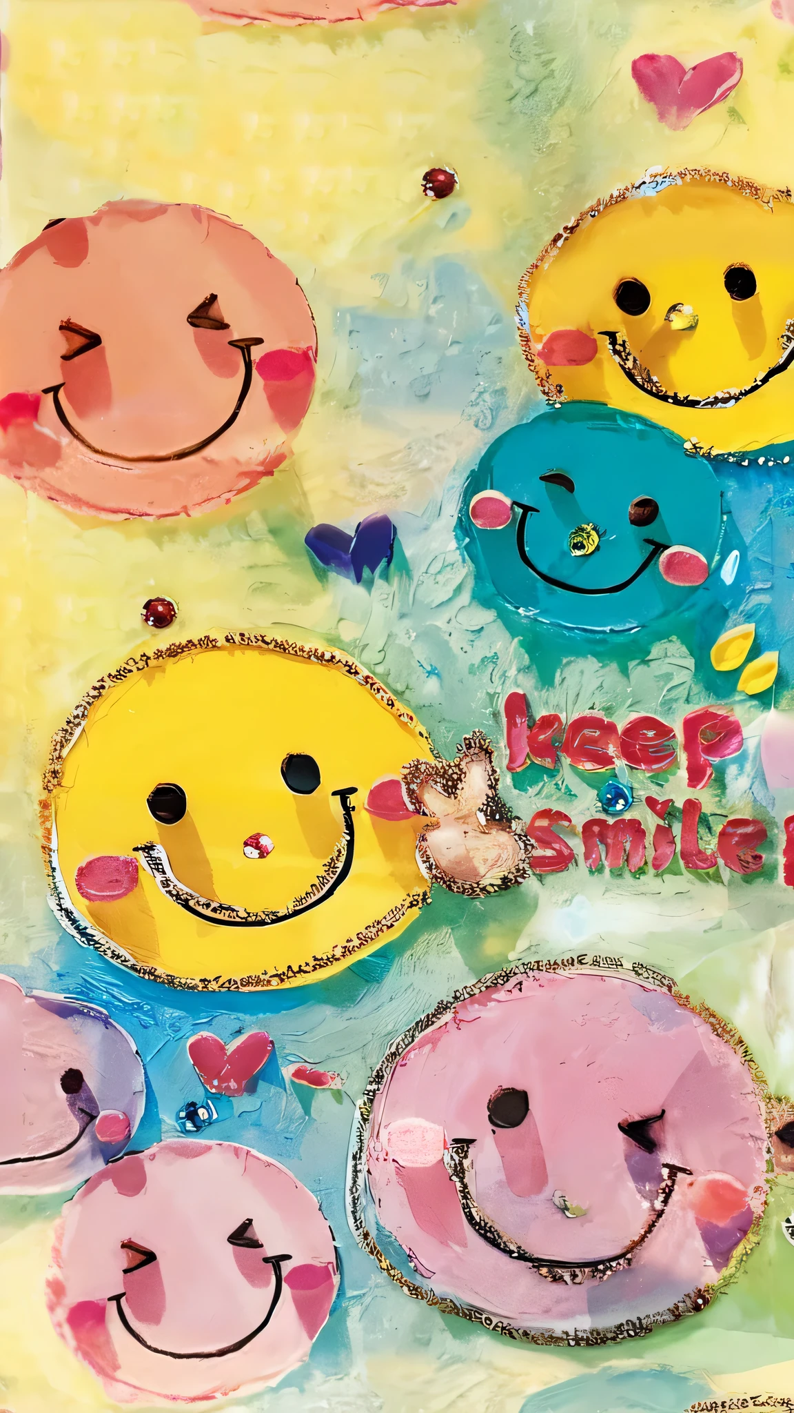 There are many plates of different colors,There are faces on it, kind Smile, Happy Smile, sweet Smile, Happy Smile, Happy mood, Smile face, Pleasant, Smile, Smiles and colors, soft Happy Smile, Cheerful atmosphere, Smile on face, Happy Smiley, Smile faces, Smile, Smiley, warm Smile, official art works, cute Smile, Happy!!!, Resin painting