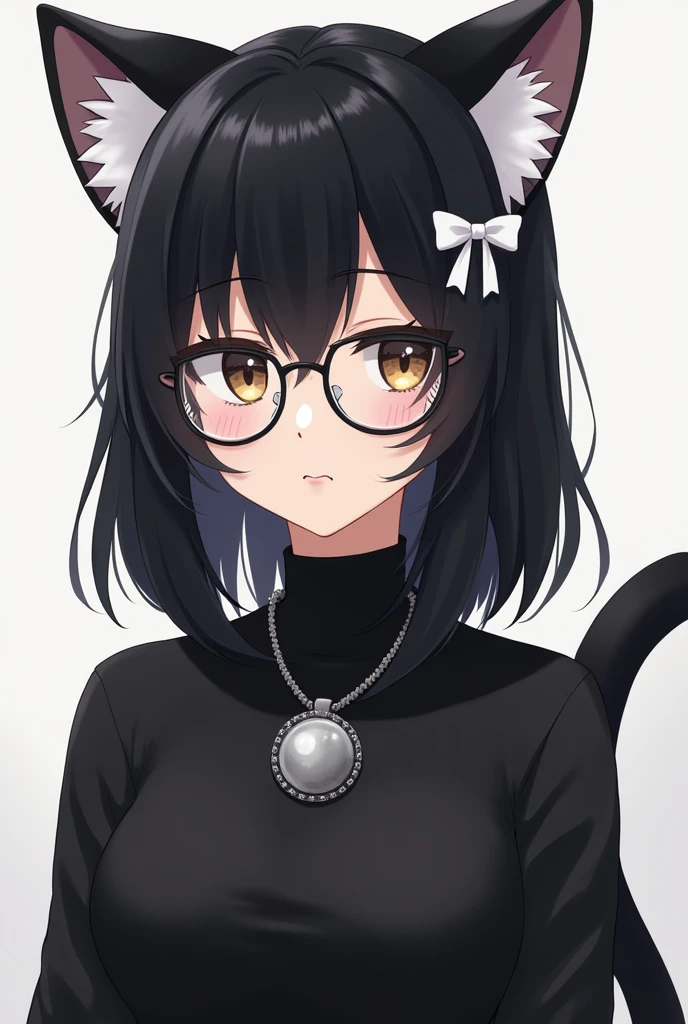 woman has black cat ears with white details inside and appears to have a black tail. He wears round-framed glasses and has black hair with bangs that cover his forehead.. She also has a white hair accessory that looks like a bow on the right side of her head.. His outfit includes a black long-sleeved, high-necked T-shirt., adorned with a silver pendant around the neck, which could be a bell or medallion. big tits