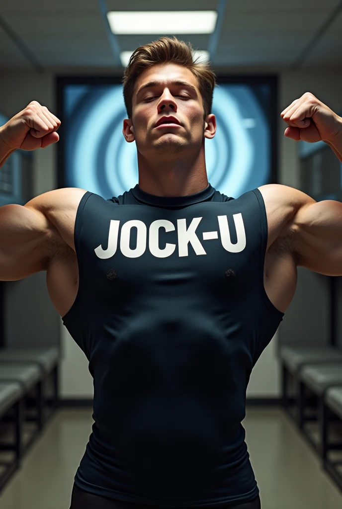 Young male college student Wearing shirt that says JOCK-U as a big dumb hyper muscular sweaty bodybuilder football jock bro in skin-tight compression gear flexing and staring blankly forward at the camera with open mouth under hypnosis. A monitor displaying a hypnotic spiral swirls behind him as he stands in a locker room doing a double bicep flex to expose sweaty armpits as he repeats, "Stare ... listen ... blank ... obey.... Bigger... Dumber.... Just a big ... dumb ... jock. Huhuh.... Uhhhhhh.... How's it hangin', bro? C'mere. Watch the spiral and FLEX with me, BRO! It's good to be a JOCK. Stare. Obey. Be a jock, just like me...." in a deep voice. Football jock assimilation. Hyper swollen crotch bulge. Sweating. Mouth hanging open. Hyper muscles. Giant biceps. Giant triceps. Broad shoulders. Giant traps. Giant lats. Giant deltoids. Big meaty pecs. Hyper swollen glutes. Brainwashing. Hypnosis. Hypnotized. Bro. IQ drain. Sweaty. Stereotype. Hypnotic trance. Entranced. Brainwashed. meathead. Musclehead. mindless. brainless. Front view. Digital painting. Giant muscles. compression gear.