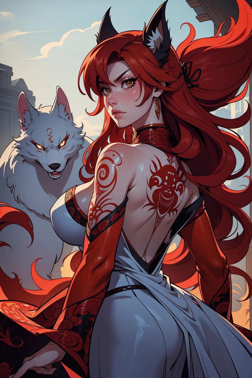 REALISTIC VISION 1.4, BETTER VAE,sharp focus, ultra detail, 32k,realistic photo, intricate details, kitsune, red hair, (red hair), orange eyes, intricate details ,woman, nine tails, intricate details,intricate details,big , Voluptuous body, intricate details, Miko, clothes long white dress with red details intricate details, tattoos intricate details, upper body body, with a orange nine tails fox , kiuubi (kurama, naruto), angry face, walking , on attack, backwards, looking back