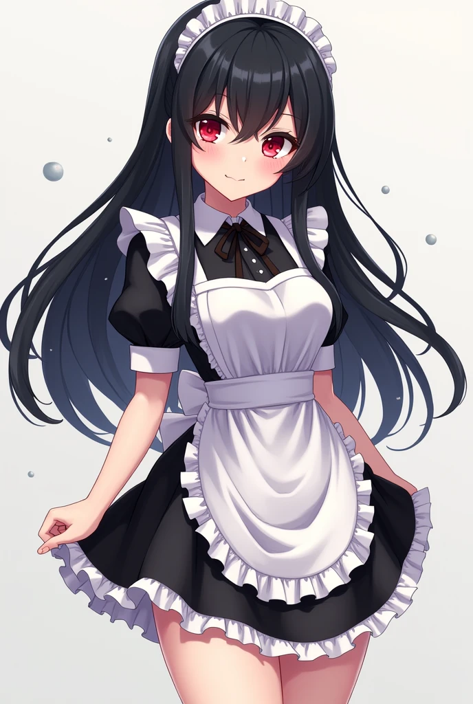 Draw Anime Style Adult Girl, maid outfit, Bblack hair,long hair,black bangs, perfect hands, perfect toes, heart pupils, with an obsessive look