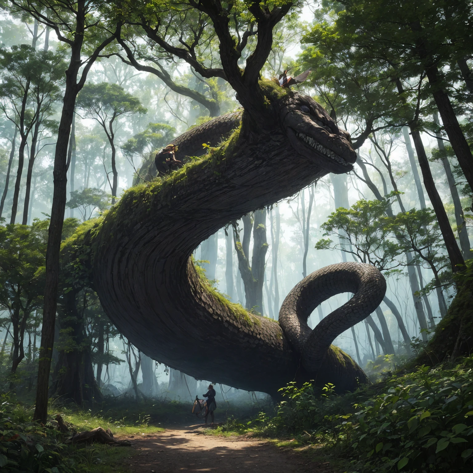 A giant tree with a lot of magical energy around it, the center of the forest beauty, a fantasy world, a dark forest with magic and fantasy feel, A giant snake wrapped around a giant tree in the middle of the forest, giant snake, dark forest, magical aura.