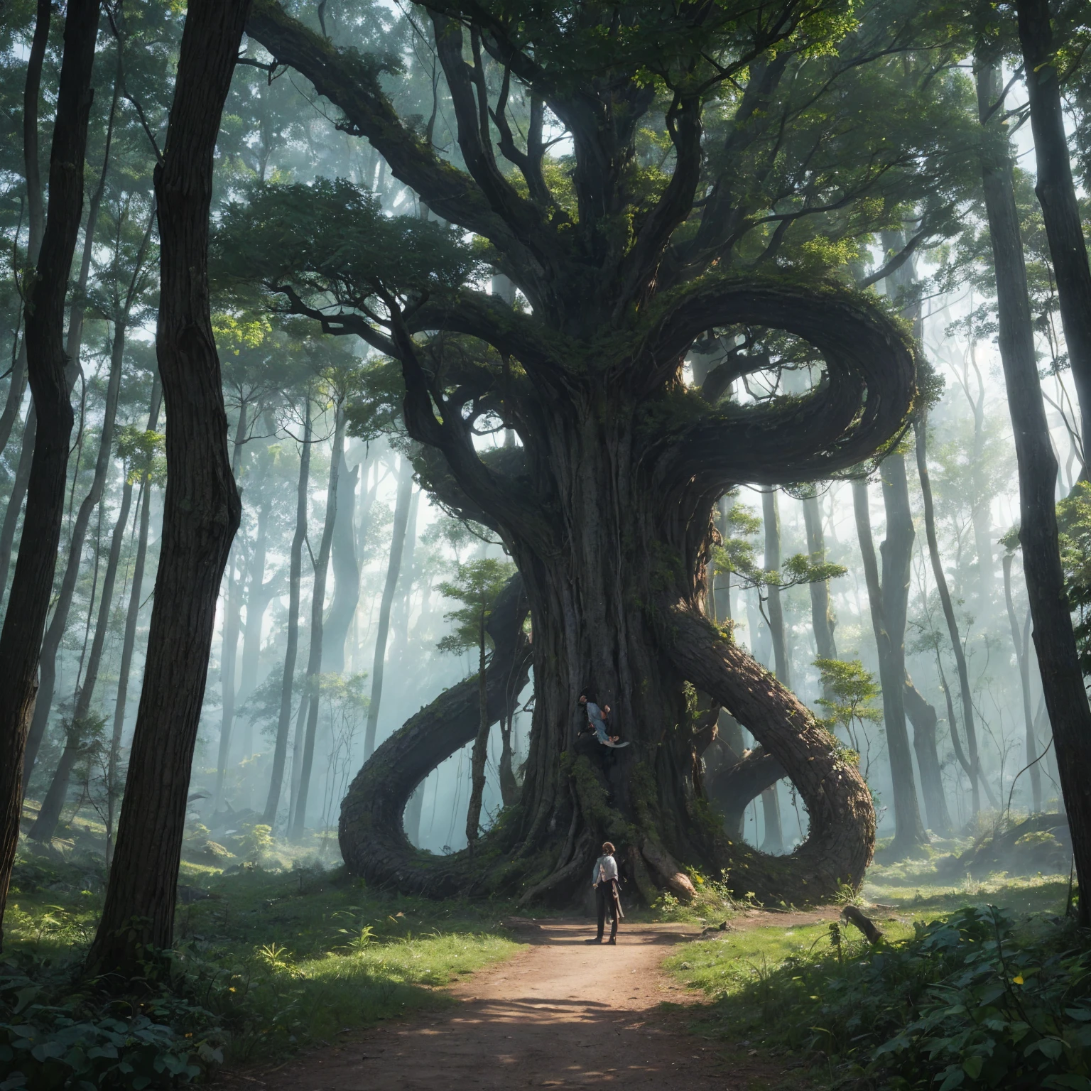 A giant tree with a lot of magical energy around it, the center of the forest beauty, a fantasy world, a dark forest with magic and fantasy feel, A giant snake wrapped around a giant tree in the middle of the forest, giant snake, dark forest, magical aura.