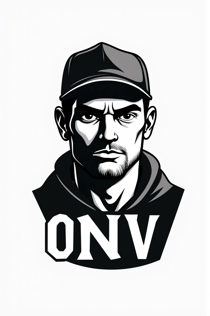 Create a logo of a man with a cap and the image in black and white and next to the image the initials ONV appear