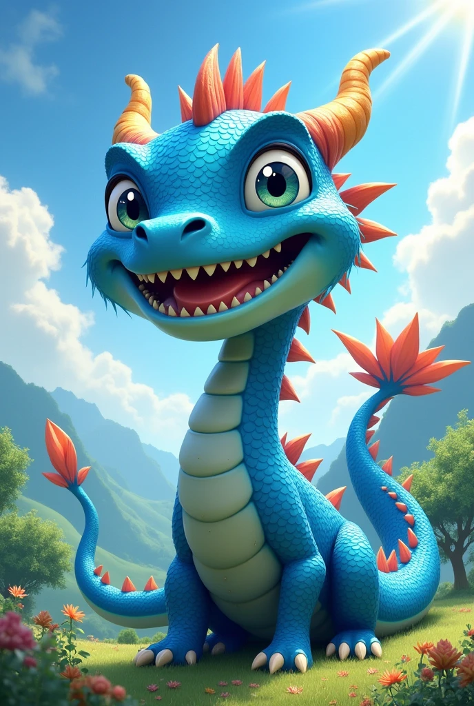 Large photorealistic silly blue dragon