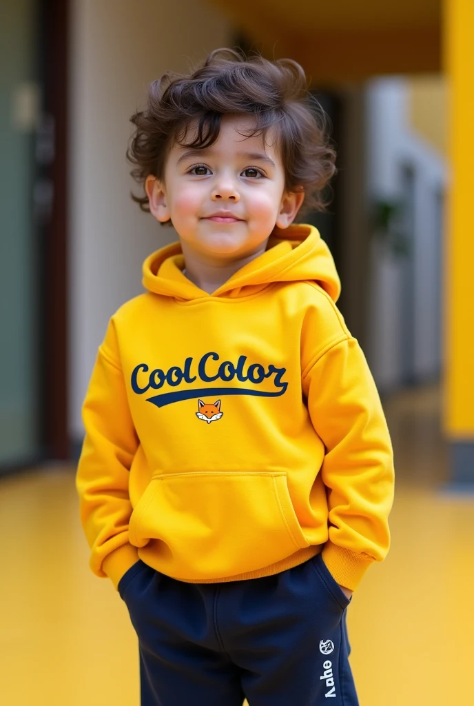 Create a yellow hoodie and navy pants for kids from a preschool called gadse, I want the name to be worn on my chest like a college jacket with a modern, unstitched letter , Cool Color in Bogota has a small orange fox as its logo 