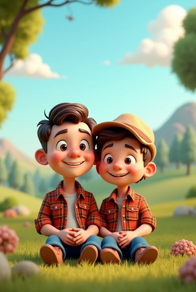3D cartoon image of a country father and son sitting in a plaid shirt