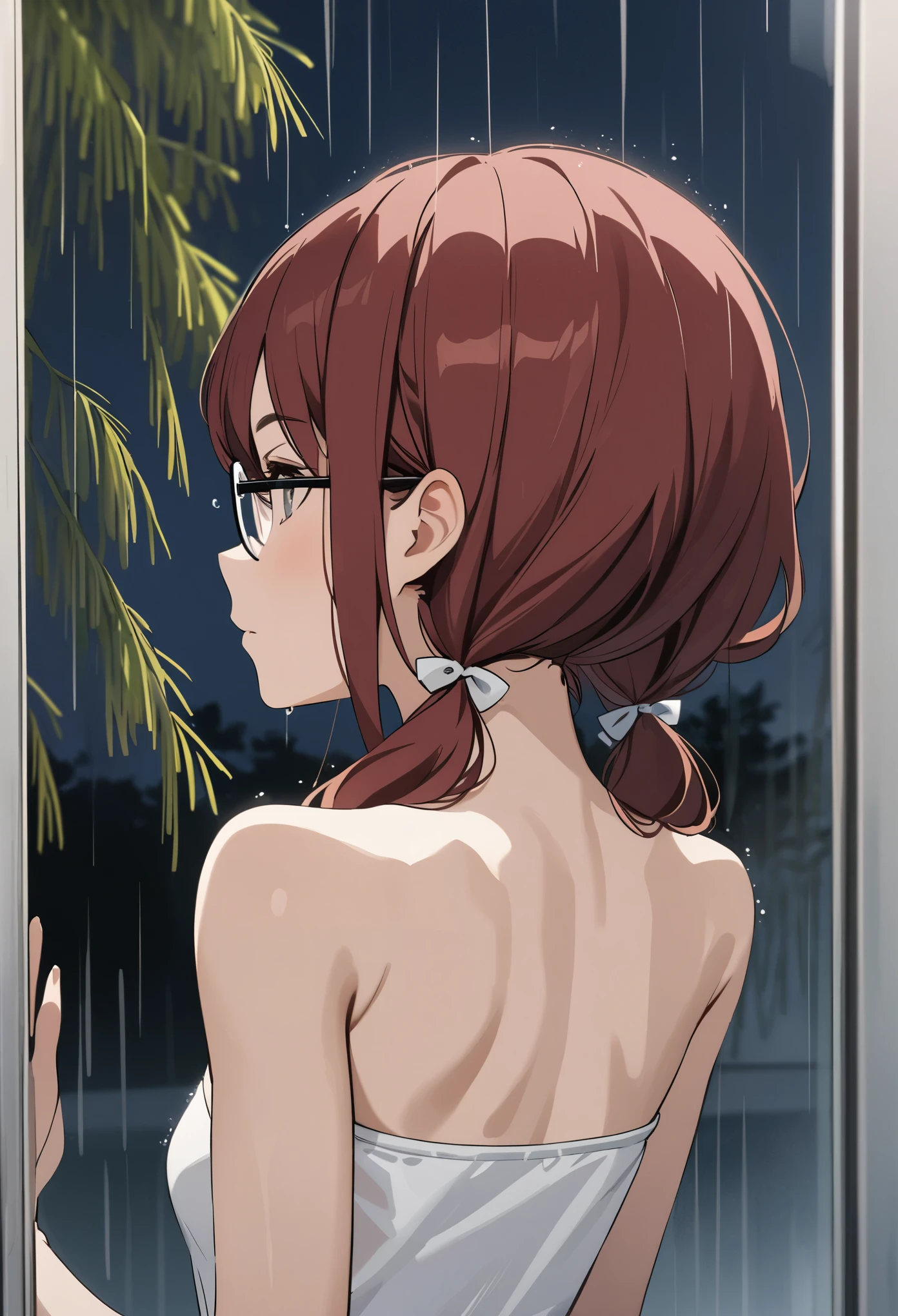 best quality, masterpiece, stoic,young woman, from behind, looking out window, hands on window glass, upper body, close up, Gray eyes, dark red hair, swept bangs, low twin tails, white ribbons, strapless white shirt, glasses, jeans, small breasts, toned arms, night, raining outside, willow tree,