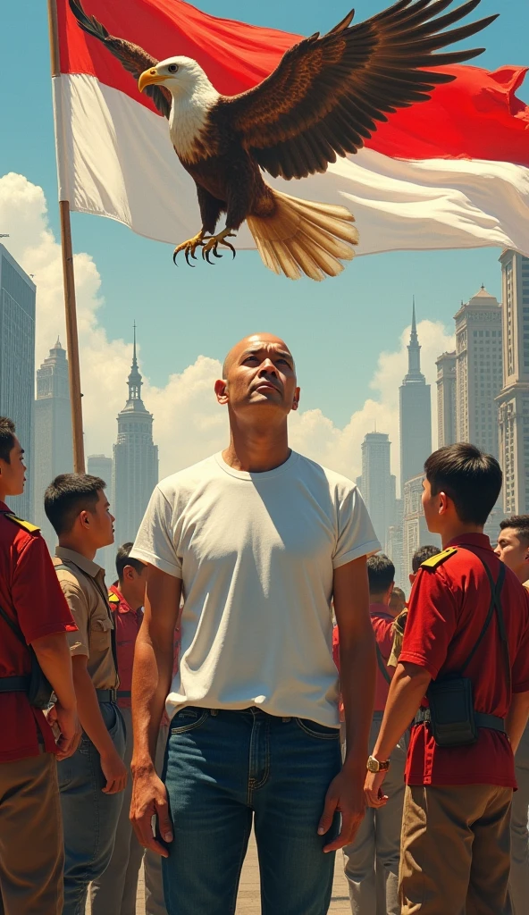 painting of Indonesian independence with the Garuda letter and heroes and the capital city of the archipelago, asian mature man, handsome face even though he is bald, thin and the shortest in height compared to the otherswith, wearing white t-shirt and jeans, with the other look at the sky, hyperrealistic, detailed, 8K UHD Image