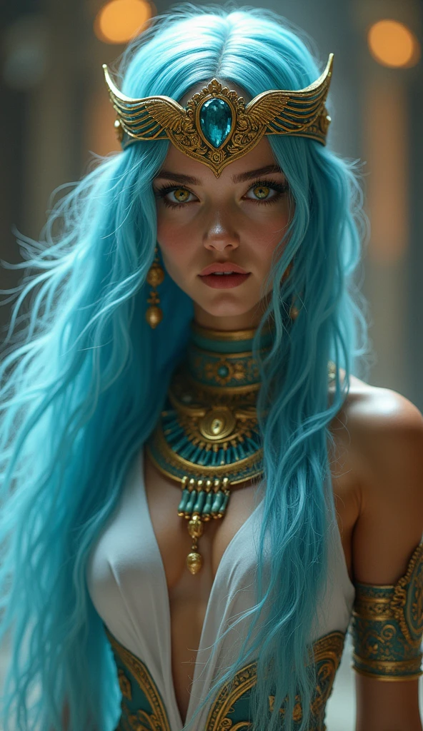 Egyptian style, Tisky blue hair, long hair, wave, sparkling yellow eyes, beautiful face