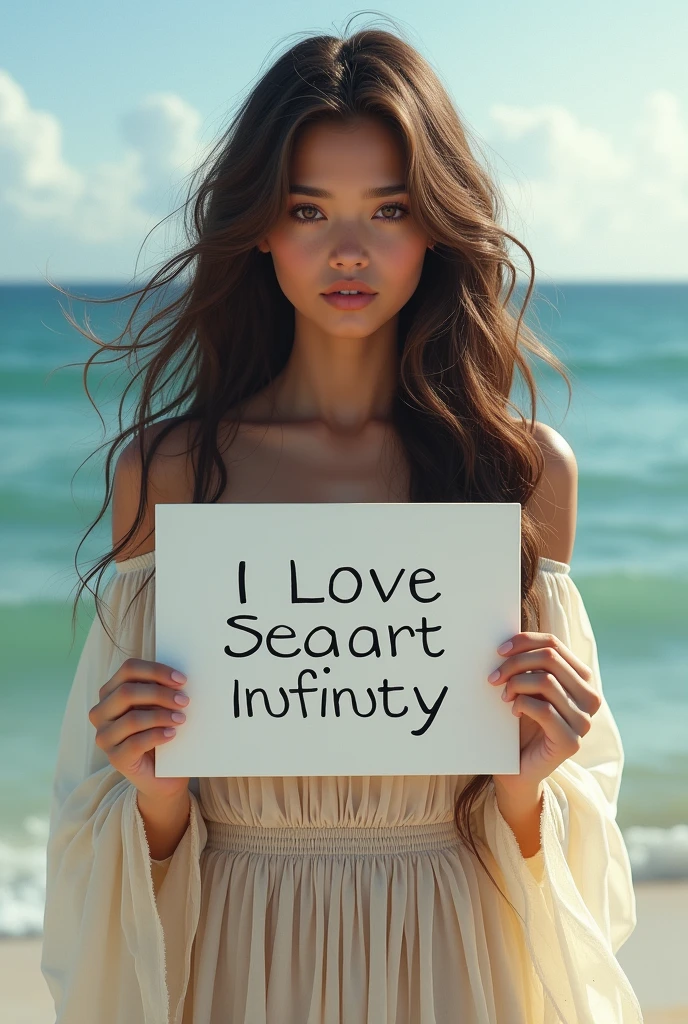 Beautiful girl with wavy long hair, bohemian dress, holding a white board with text "I Love Seaart Infinity" and showing it to the viewer