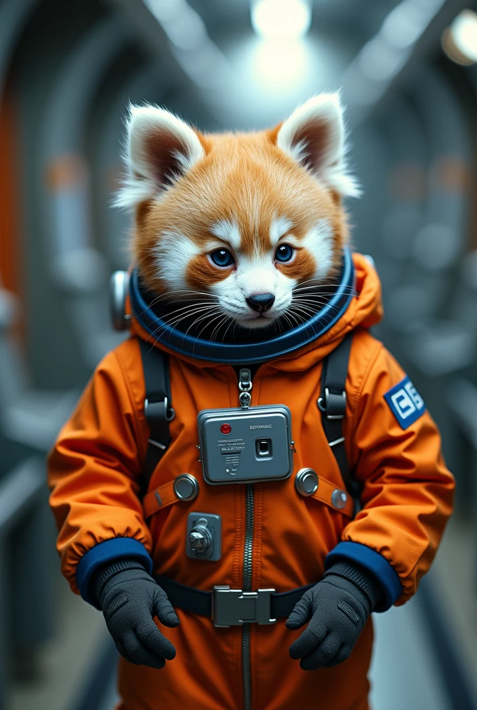 A very beautiful kitten baby panda wear a space suit inside internation space station