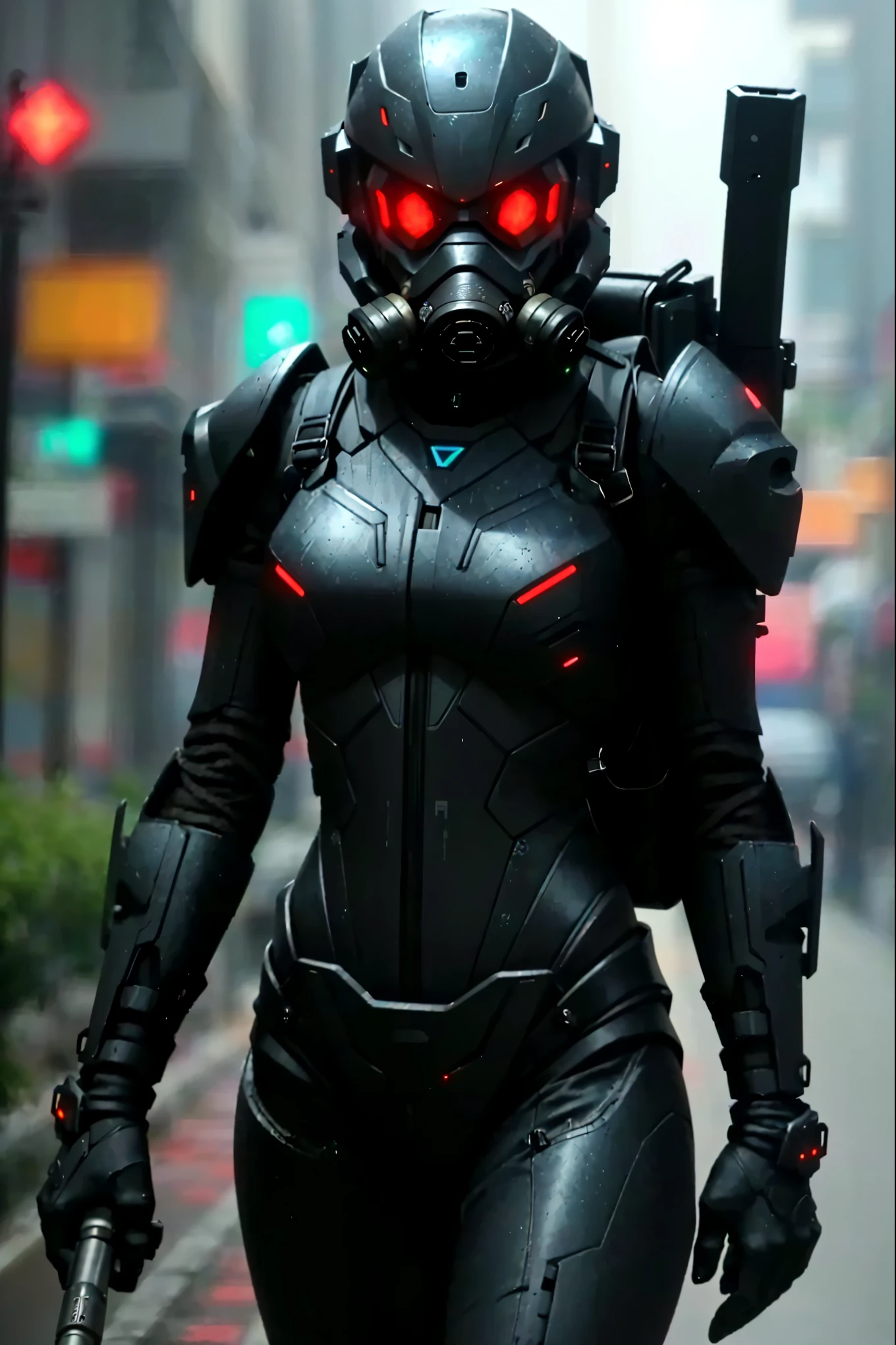 (Highest quality), future, (((Lots of girls))), black exoskeleton suit with backpack, Led, Gas mask with angry gargle, holding blade, mechanical, Digital Sculpture, 超High resolution, Absurd, Deep shine effect, High resolution, Particles of light, Cinema Lighting, Depth of written boundary, Troopers, 