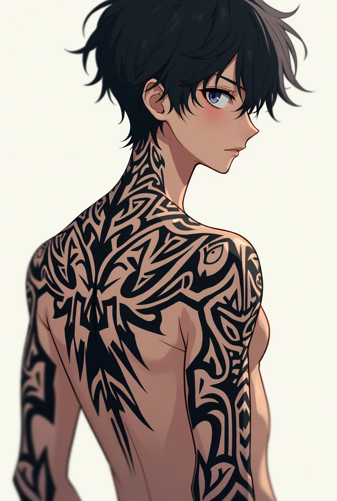 Anime boy with black geomatric tattoos on the back