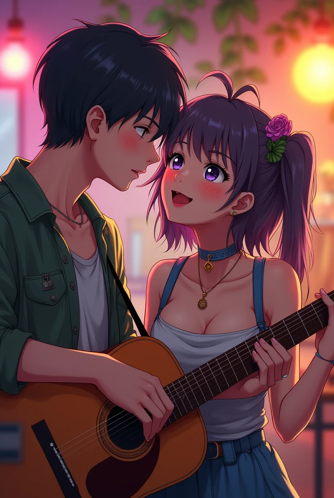 With her boyfriend who plays and sings、She is listening to it happily nearby, dressed as a 20-year-old anime girl.