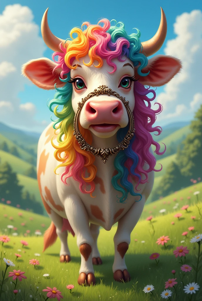 The cow with an ring on her nose and colored curly hair