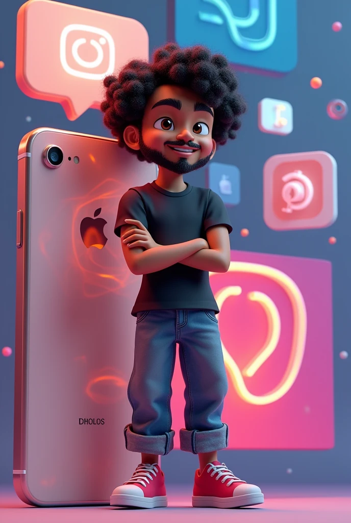 Create a 3D illustration of an animated brunette character with black hair standing with arms crossed casually next to a social media logo "instagramart". The character must wear a black t-shirt, rounded curly hair, darkskin, slightly slanted eyes, has an athletic body , beard and holding an iPhone. The background of the image is a social media profile page with the username "wb photos " and a matching profile photo.