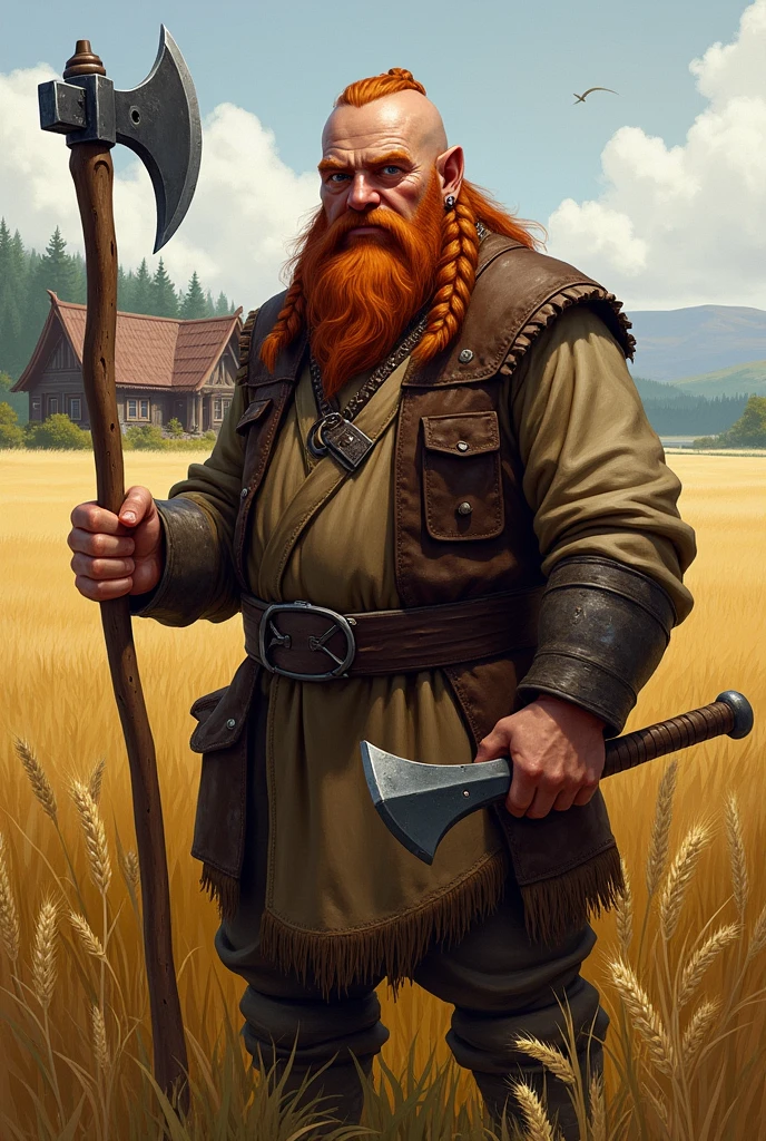 SCENE 1: Portrait of Thorik Ironsickle Fondo: A rustic country house with fields of barley and wheat.
Thorik: Dwarf, standing, robust, with braided red hair and beard.
outfit: Farmer&#39;s work clothes.
Accessories: Holding a sickle in one hand and a battle axe in the other.