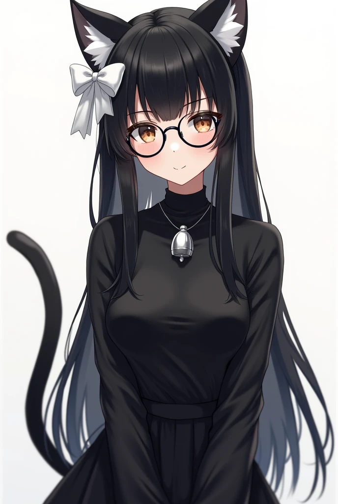 woman has black cat ears with white details inside and appears to have a black tail. He wears round-framed glasses and has black hair with bangs that cover his forehead.. She also has a white hair accessory that looks like a bow on the right side of her head.. His outfit includes a black long-sleeved, high-necked T-shirt., adorned with a silver pendant around the neck, which could be a bell or medallion. big tits full body black stockings and skirt