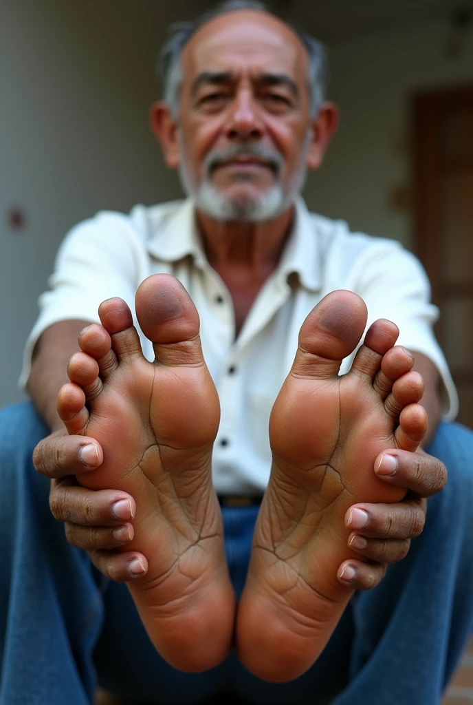 Create the image of a 55-year-old Mexican man showing his feet