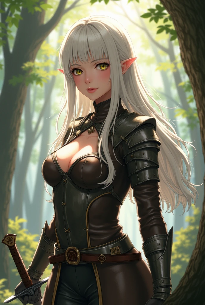 1girl, beautiful, white hair, long hair, bangs, fair skin, , leather armor, sword, forest, dappled sunlight, upper body, looking at viewer