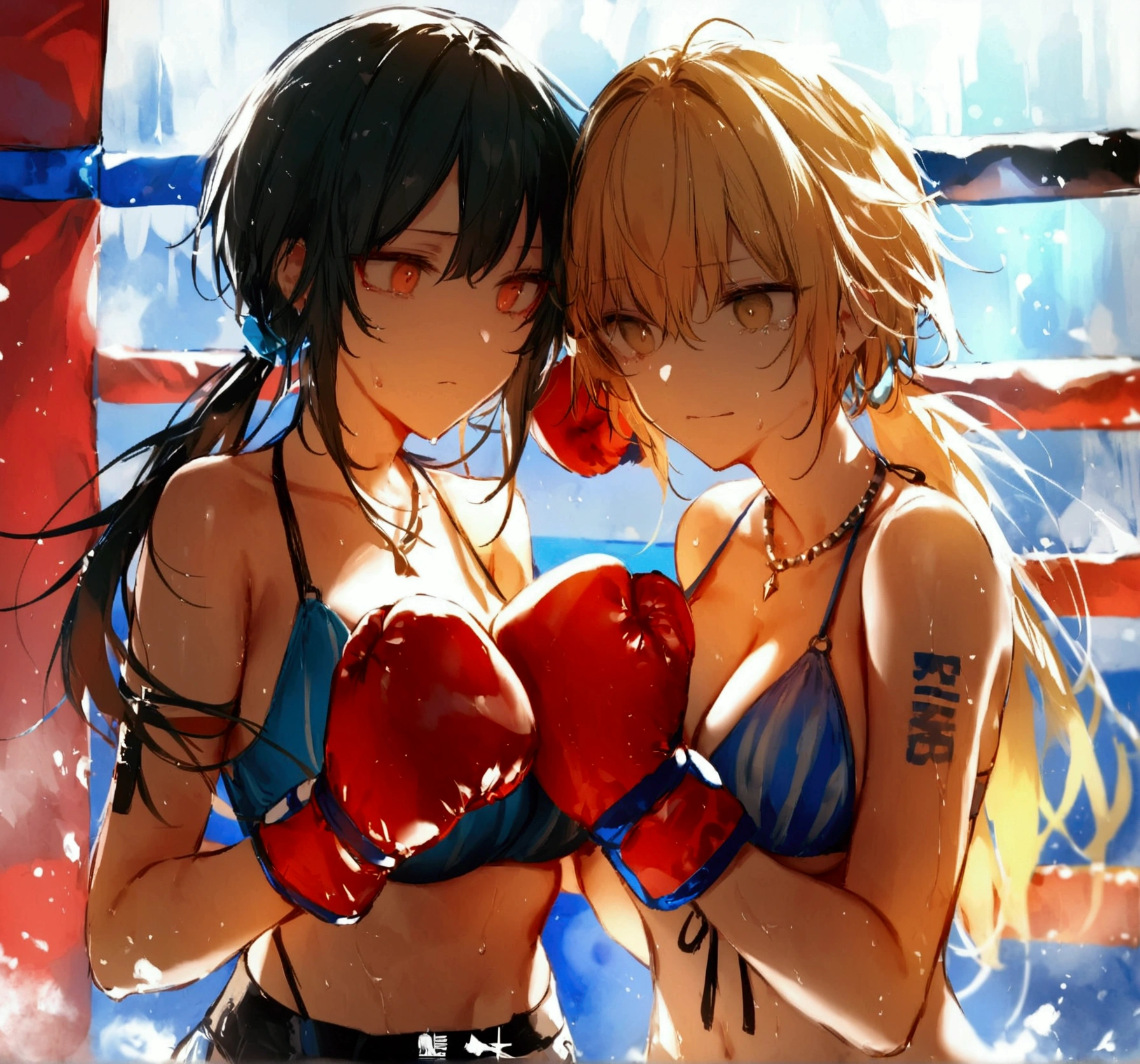 2girl,{Amiya(Arknights)}and{W(Arknights)}, artist:kazutake_hazano, artist:danimaru,[artist:ask_(askzy)], artist:wanke, artist:wlop, artist:fujiyama, artisit:yuyu_(yuyuworks),artist:hiten_(hitenkei),atrisit:dishwasher1910,{{bear hug }},look at another,boxing,on the boxing ring,2girls,huge breasts,{bikini},serious,tear,shiny skin,boxing gloves