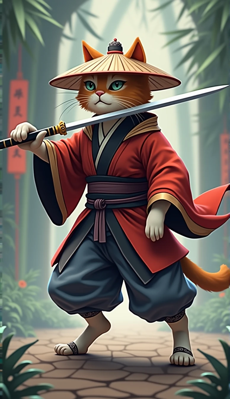 Create an image of a cat standing upright in traditional East Asian attire ( red ), wearing a wide bamboo hat on the head, walking pose