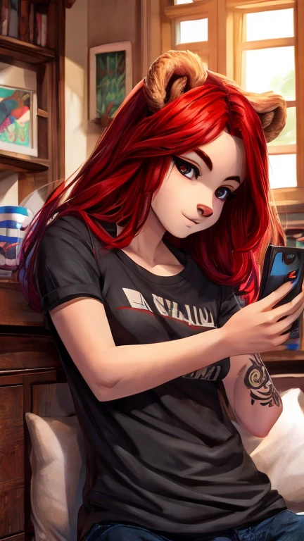A girl with red hair and a tattoo and a bear