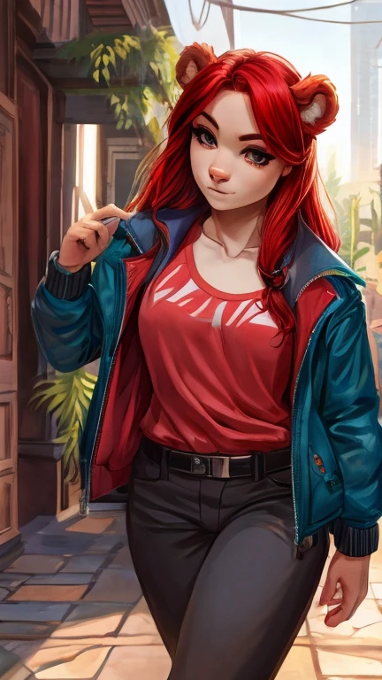 A girl with red hair and a tattoo and a bear