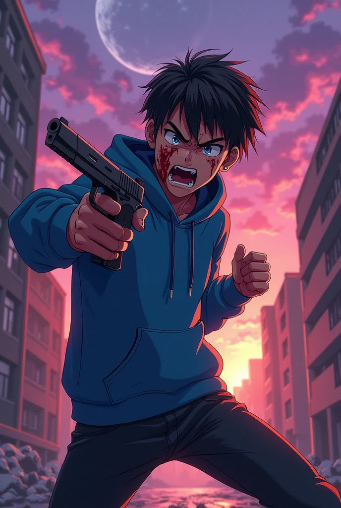 Make 2d picture one adult boy carrying modern pistol in his hand in attacking mood anger face Totally broken in urban areas background big buildings evening time sky occur purple pink and orange color boy wear blue hoodie and blood shit in his face black jeans in anime style