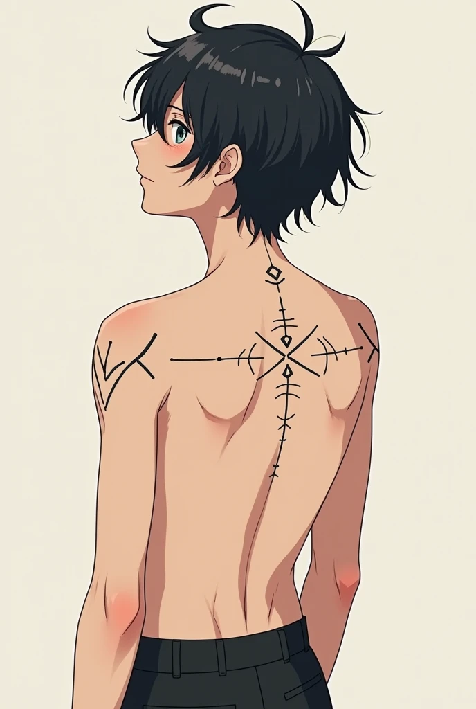 Anime boy with simple black geomatric tattoos on the back