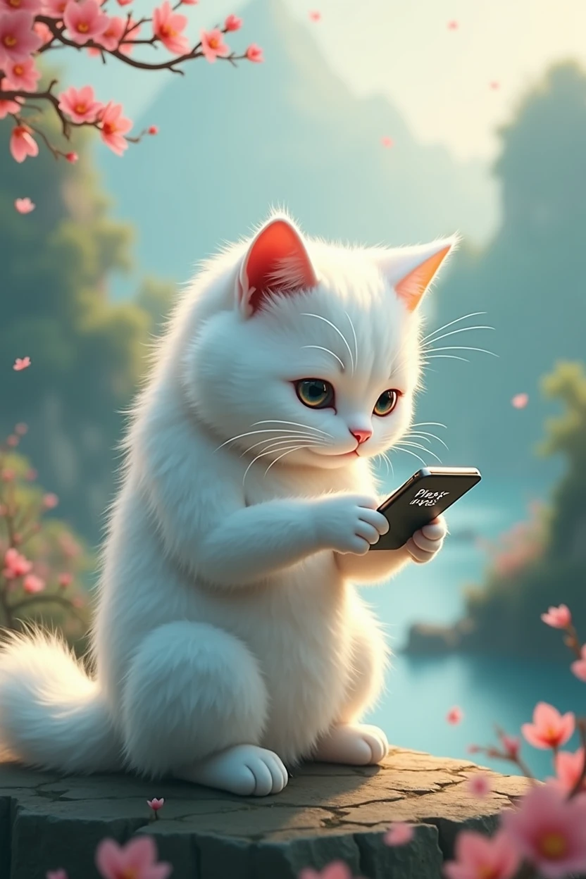 A white cat who loves to show off her presence,sad expression,Cat holding mobile phone,拿著Press love on mobile phone,Press love on mobile phone,background chinese style,Background with magnet blocks