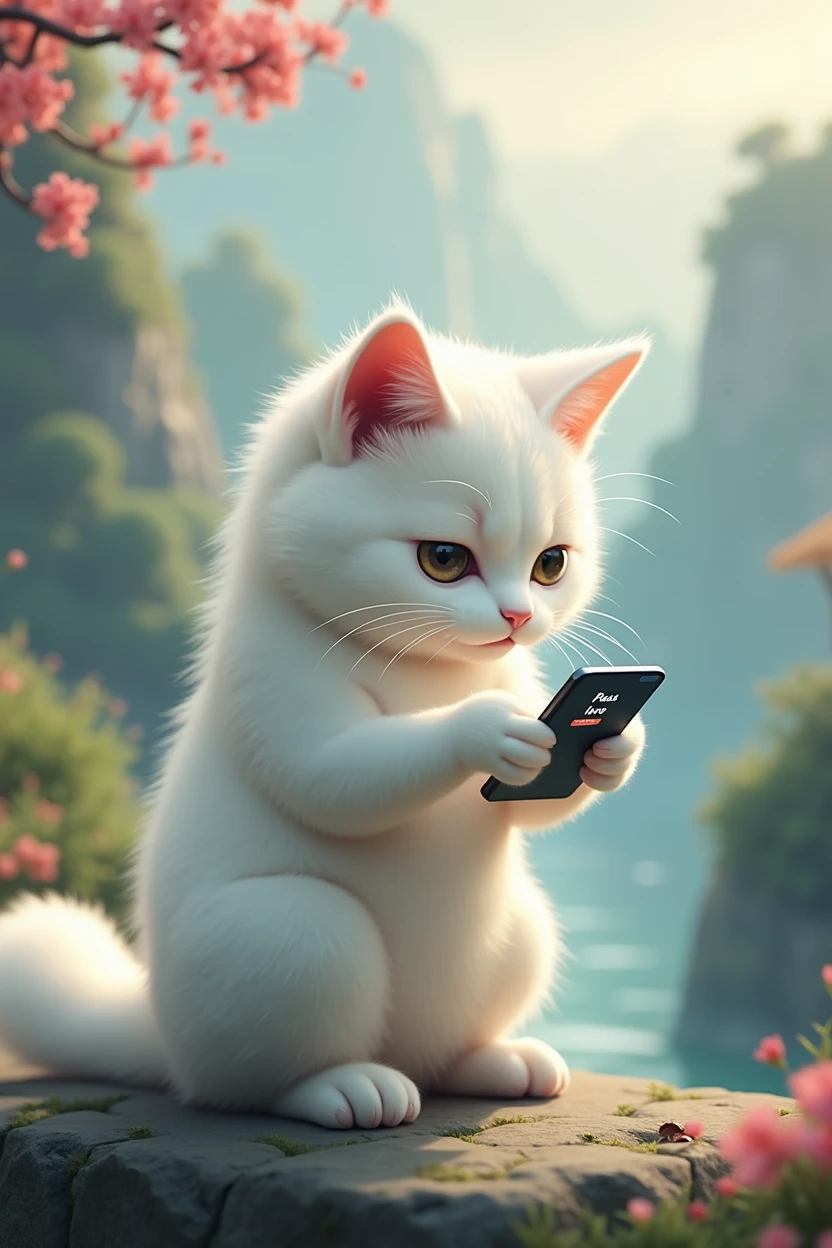 A white cat who loves to show off her presence,sad expression,Cat holding mobile phone,拿著Press love on mobile phone,Press love on mobile phone,background chinese style,Background with magnet blocks